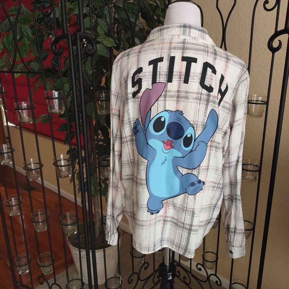 Disney Stitch Acid Wash Plaid Button Down Shirt